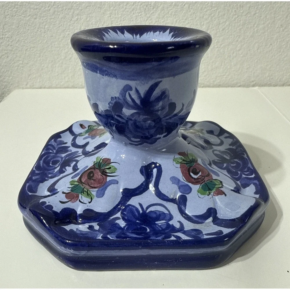 Vintage Portugal Hand Painted Ceramic Single Candle Holder Signed Handpainted‎